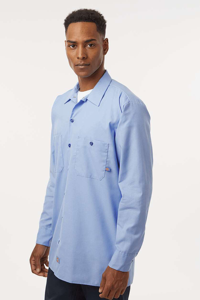 Dickies L535 Mens Industrial Wrinkle Resistant Long Sleeve Button Down Work Shirt w/ Double Pockets Light Blue Model Side