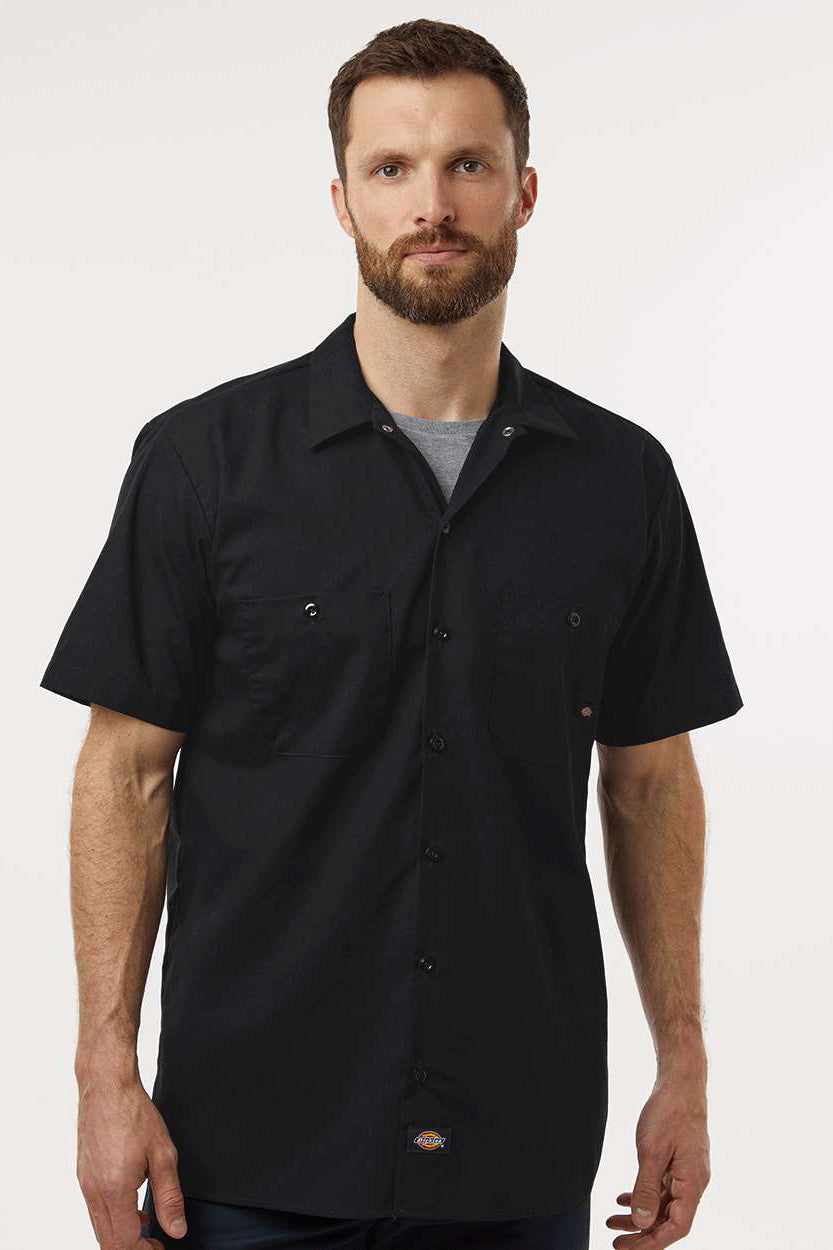 Dickies S535 Mens Industrial Wrinkle Resistant Short Sleeve Button Down Work Shirt w/ Double Pockets Black Model Front
