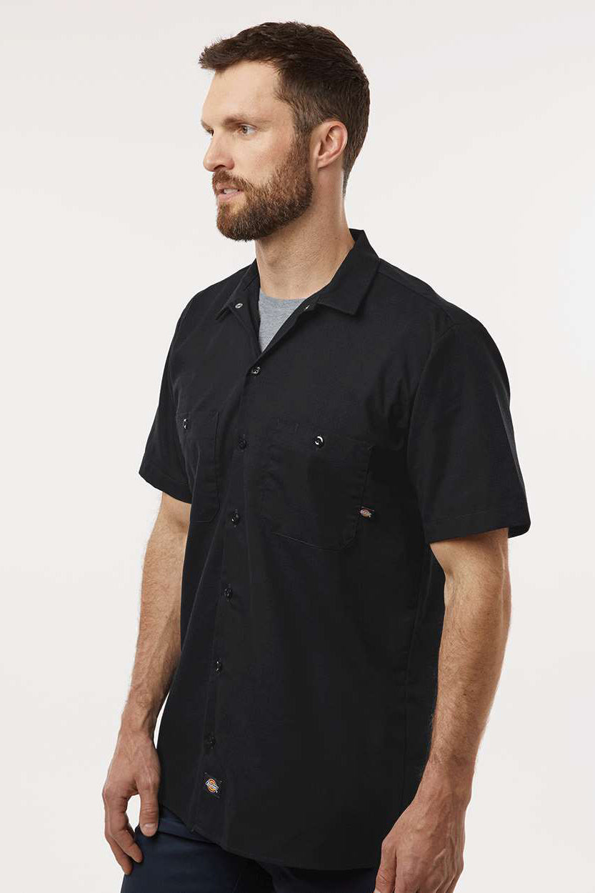 Dickies S535 Mens Industrial Wrinkle Resistant Short Sleeve Button Down Work Shirt w/ Double Pockets Black Model Side
