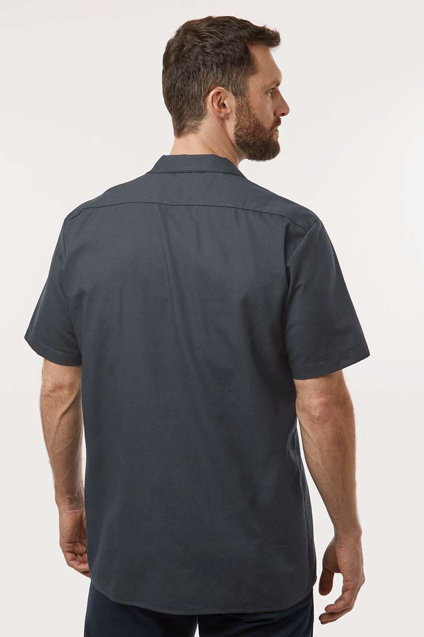 Dickies S535 Mens Industrial Wrinkle Resistant Short Sleeve Button Down Work Shirt w/ Double Pockets Dark Charcoal Grey Model Back