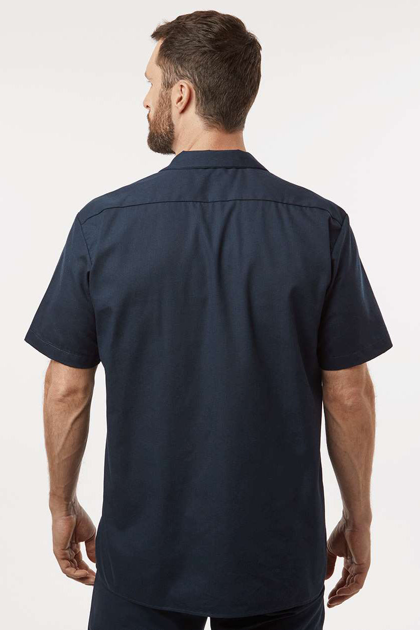 Dickies S535 Mens Industrial Wrinkle Resistant Short Sleeve Button Down Work Shirt w/ Double Pockets Dark Navy Blue Model Back