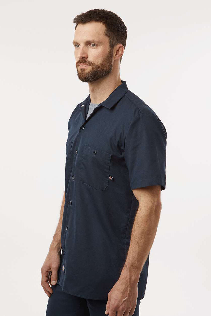 Dickies S535 Mens Industrial Wrinkle Resistant Short Sleeve Button Down Work Shirt w/ Double Pockets Dark Navy Blue Model Side