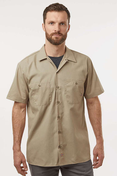 Dickies S535 Mens Industrial Wrinkle Resistant Short Sleeve Button Down Work Shirt w/ Double Pockets Desert Sand Model Front