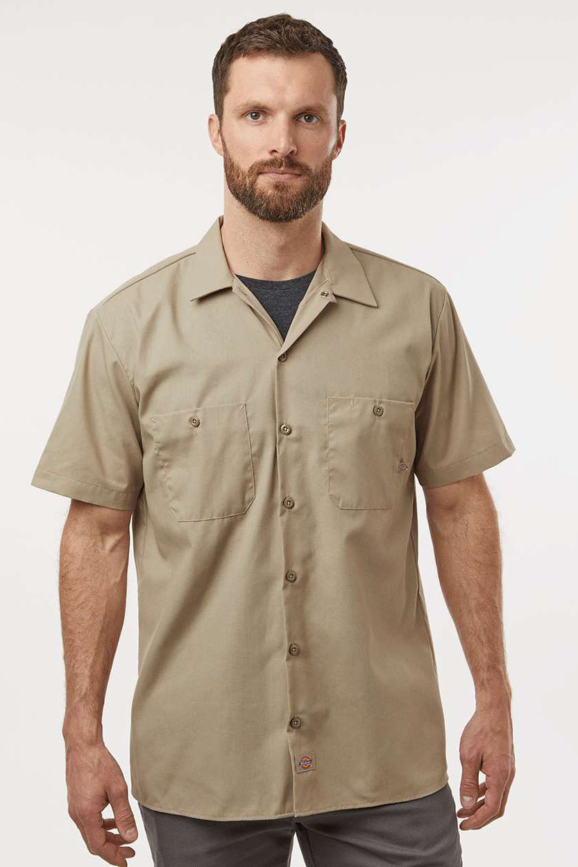 Dickies S535 Mens Industrial Wrinkle Resistant Short Sleeve Button Down Work Shirt w/ Double Pockets Desert Sand Model Front