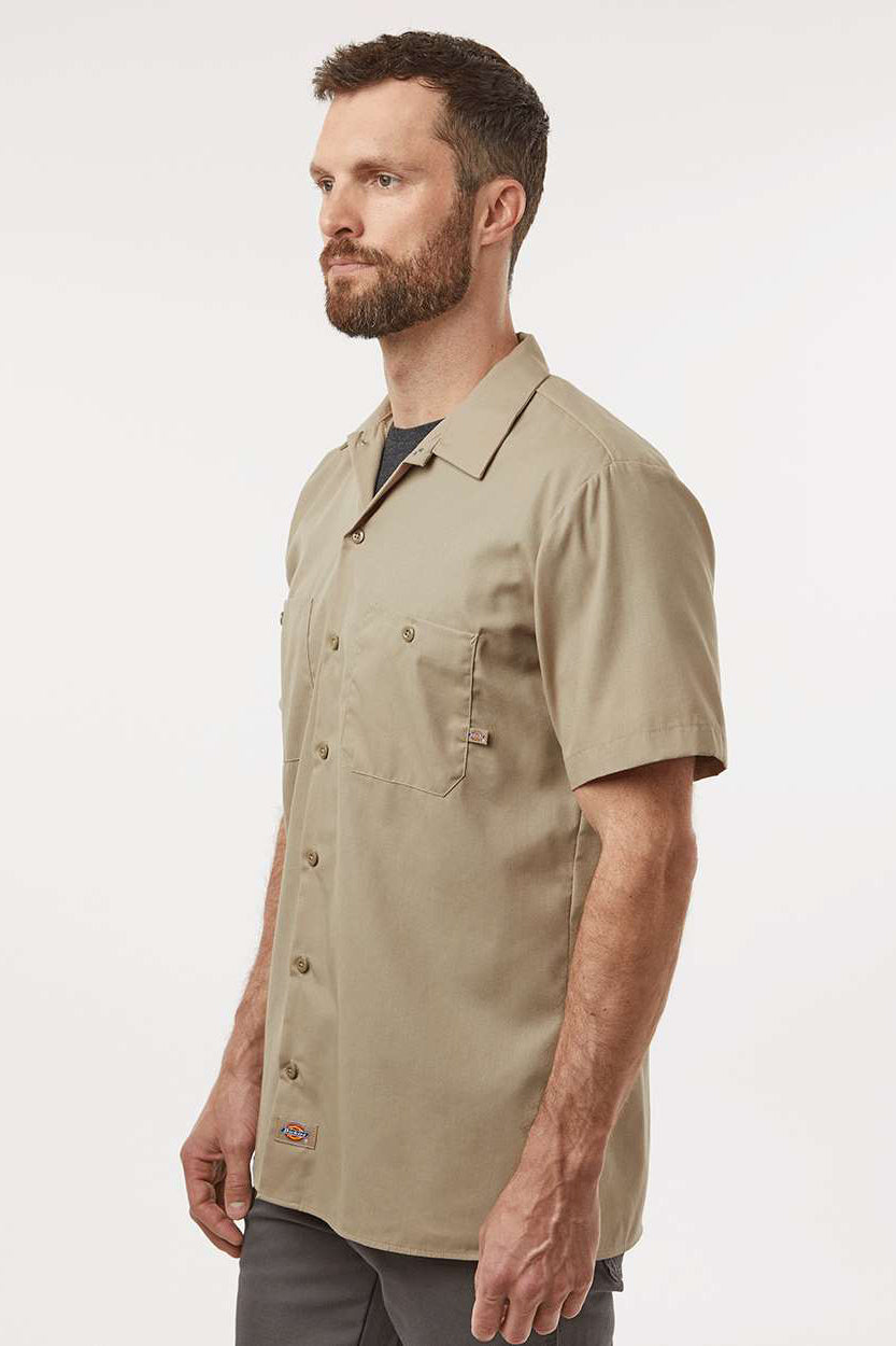 Dickies S535 Mens Industrial Wrinkle Resistant Short Sleeve Button Down Work Shirt w/ Double Pockets Desert Sand Model Side