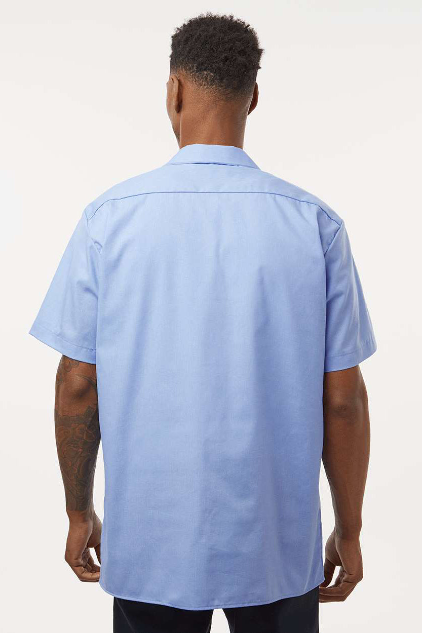 Dickies S535 Mens Industrial Wrinkle Resistant Short Sleeve Button Down Work Shirt w/ Double Pockets Light Blue Model Back