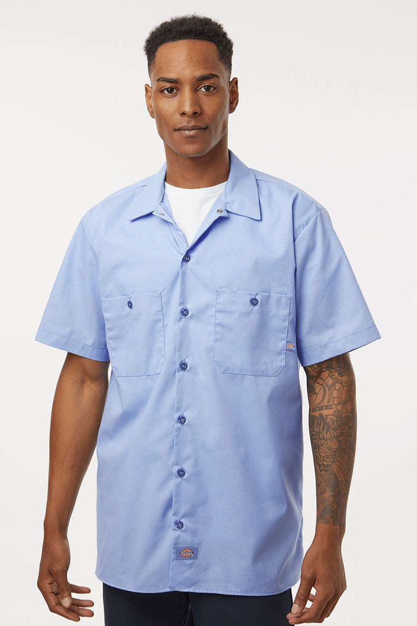 Dickies S535 Mens Industrial Wrinkle Resistant Short Sleeve Button Down Work Shirt w/ Double Pockets Light Blue Model Front