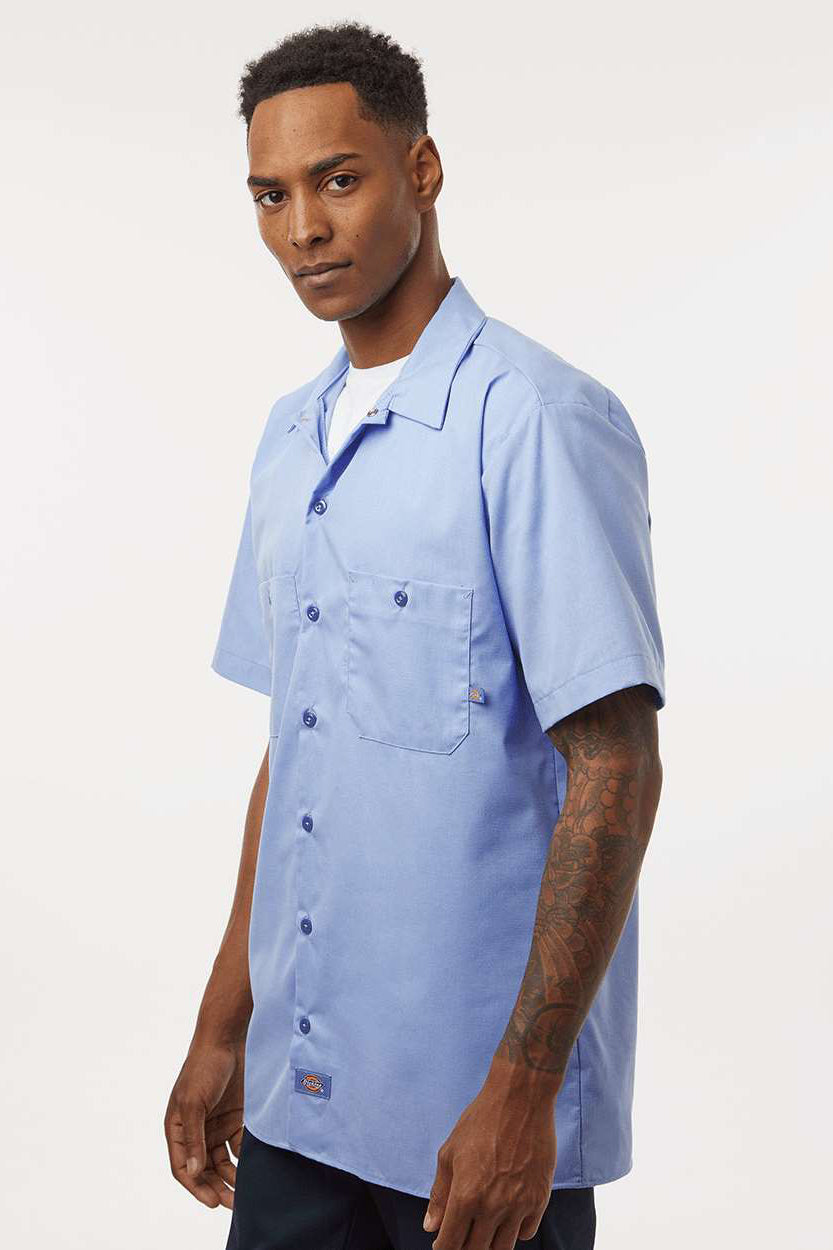 Dickies S535 Mens Industrial Wrinkle Resistant Short Sleeve Button Down Work Shirt w/ Double Pockets Light Blue Model Side