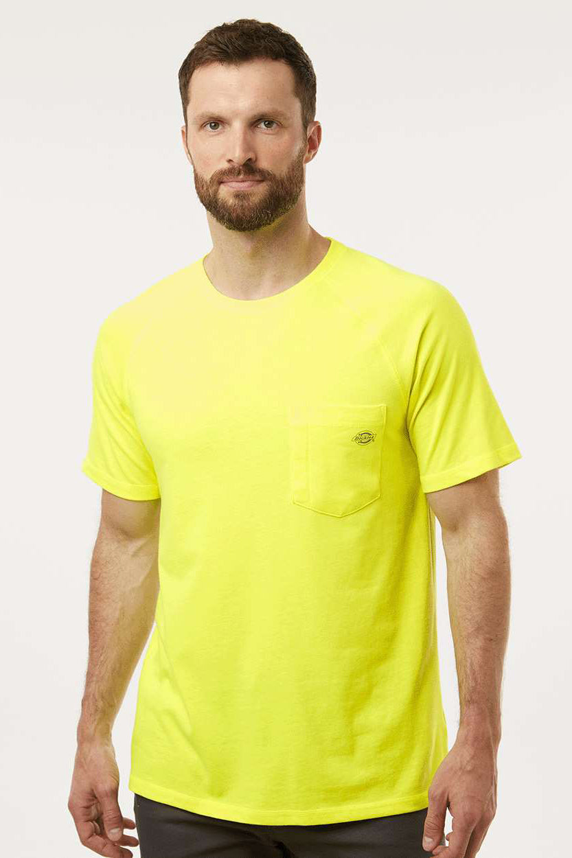 Dickies S600 Mens Performance Moisture Wicking Short Sleeve Crewneck T-Shirt w/ Pocket Bright Yellow Model Front