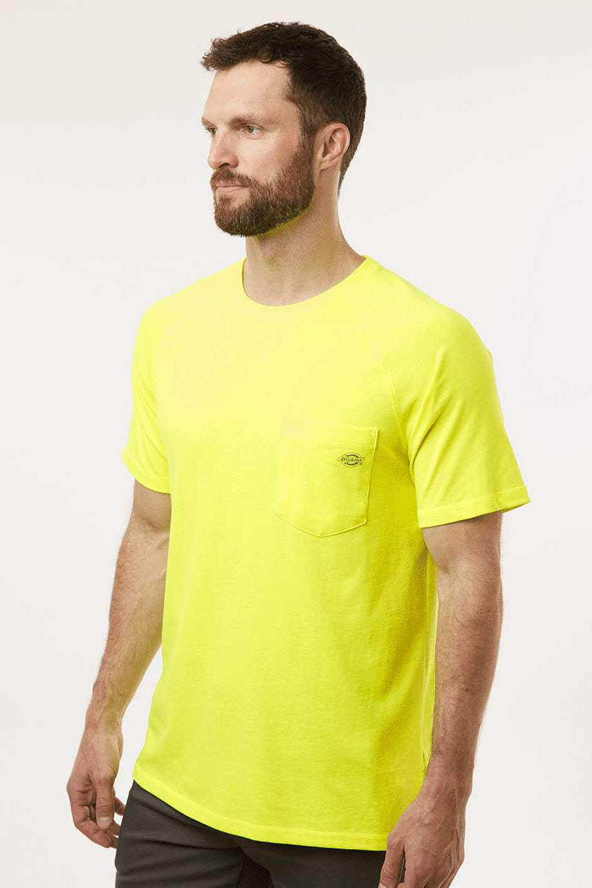 Dickies S600 Mens Performance Moisture Wicking Short Sleeve Crewneck T-Shirt w/ Pocket Bright Yellow Model Side