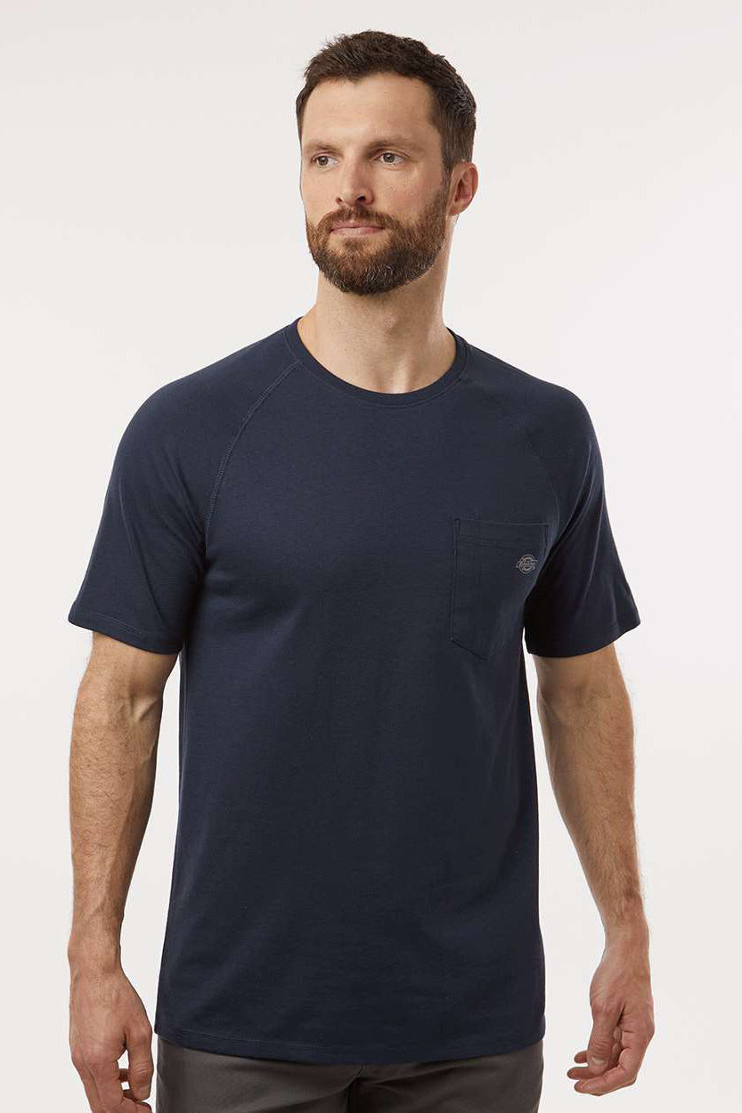 Dickies S600 Mens Performance Moisture Wicking Short Sleeve Crewneck T-Shirt w/ Pocket Dark Navy Blue Model Front