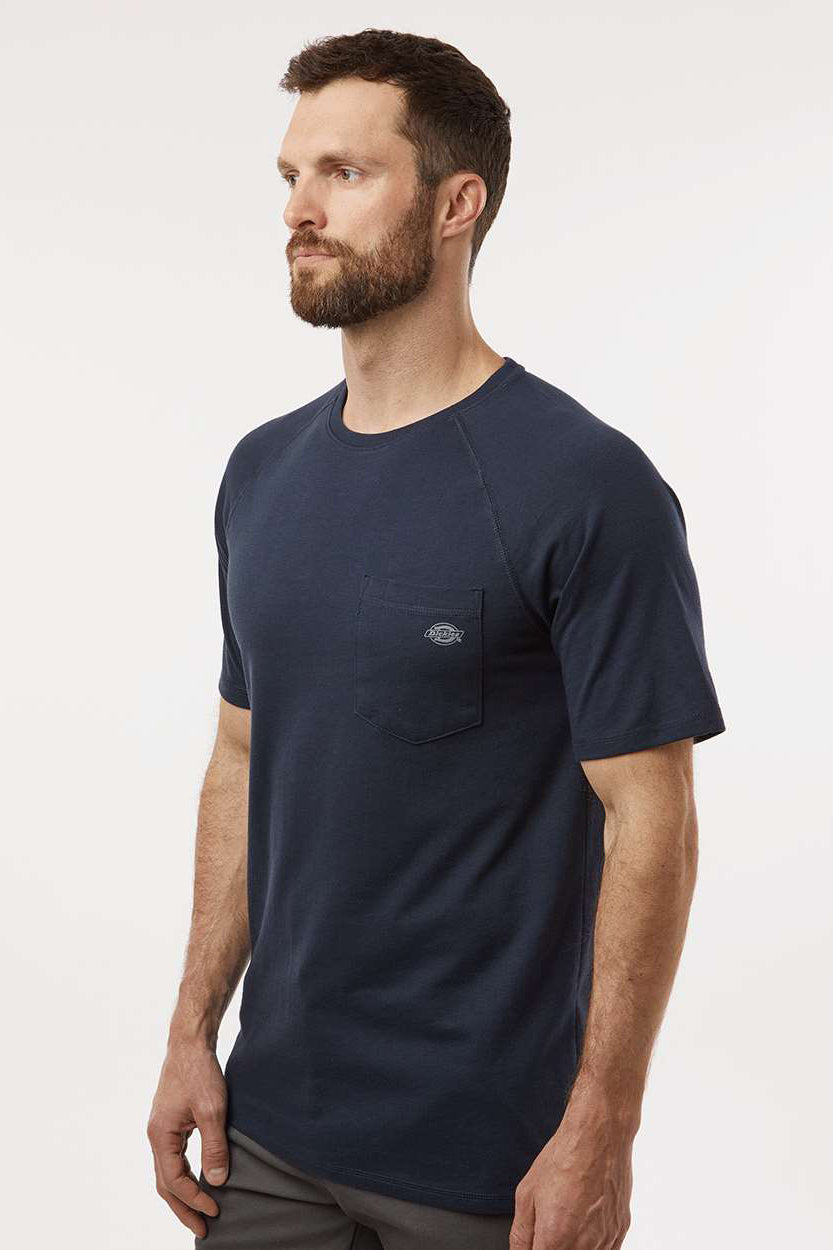 Dickies S600 Mens Performance Moisture Wicking Short Sleeve Crewneck T-Shirt w/ Pocket Dark Navy Blue Model Side