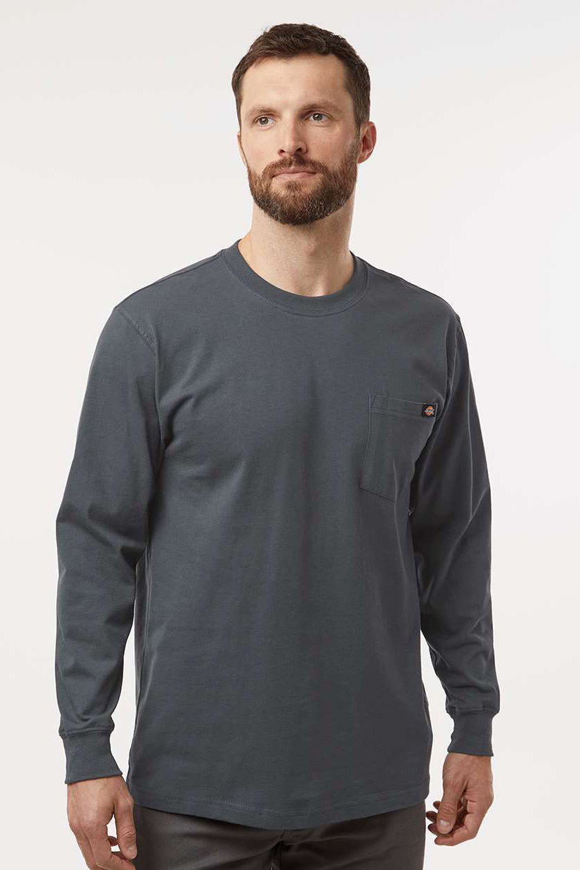 Dickies WL50 Mens Long Sleeve Crewneck T-Shirt w/ Pocket Charcoal Grey Model Front
