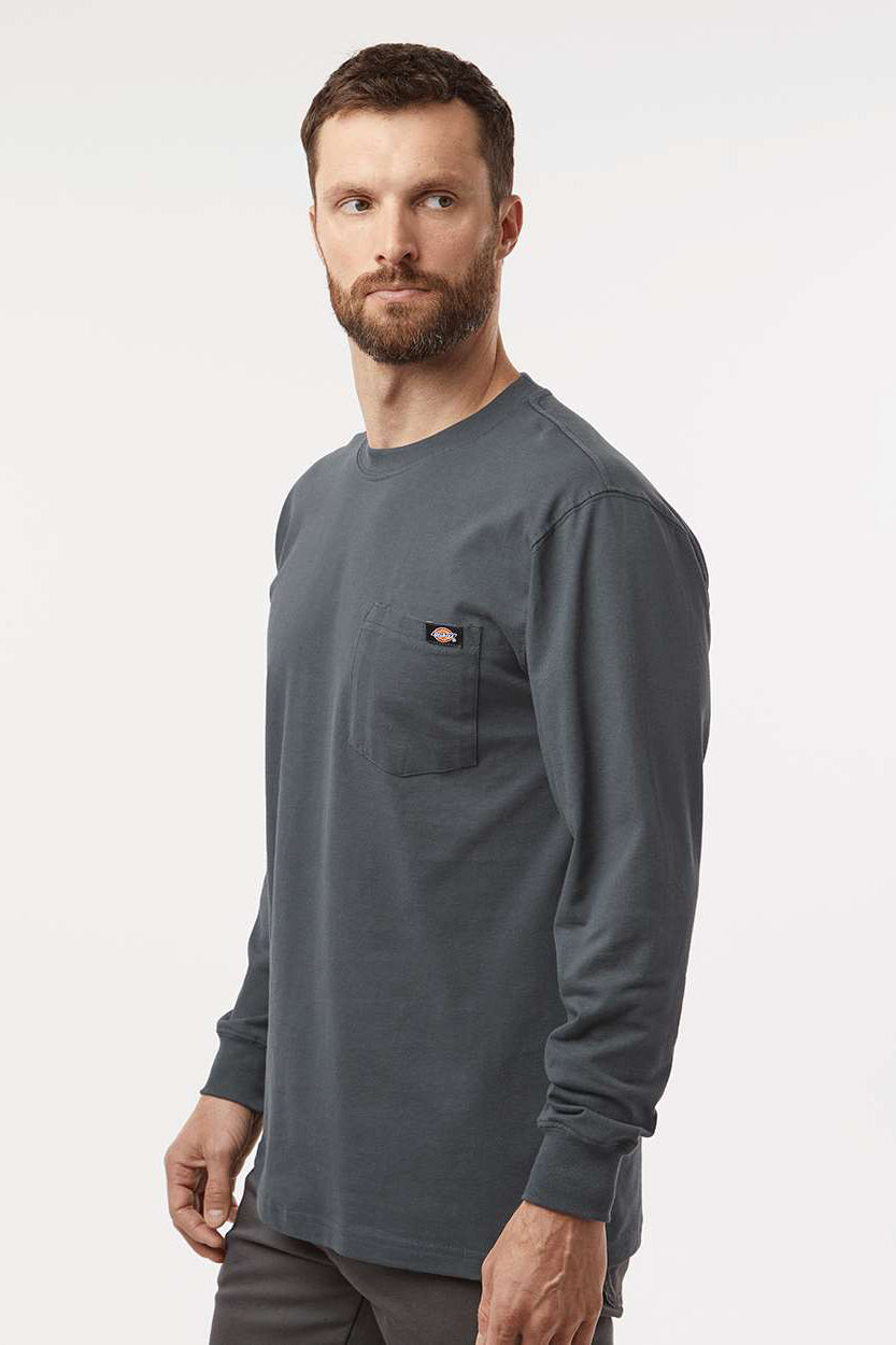 Dickies WL50 Mens Long Sleeve Crewneck T-Shirt w/ Pocket Charcoal Grey Model Side