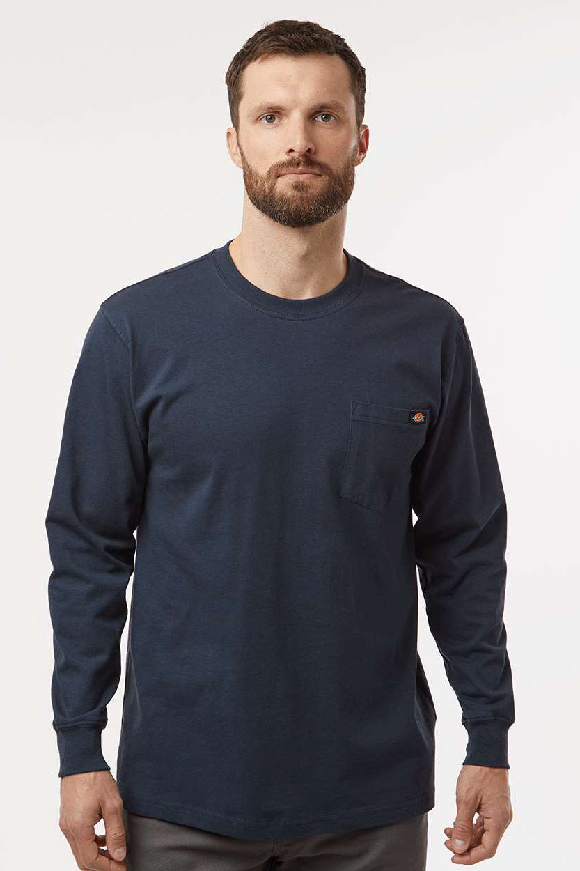 Dickies WL50 Mens Long Sleeve Crewneck T-Shirt w/ Pocket Dark Navy Blue Model Front