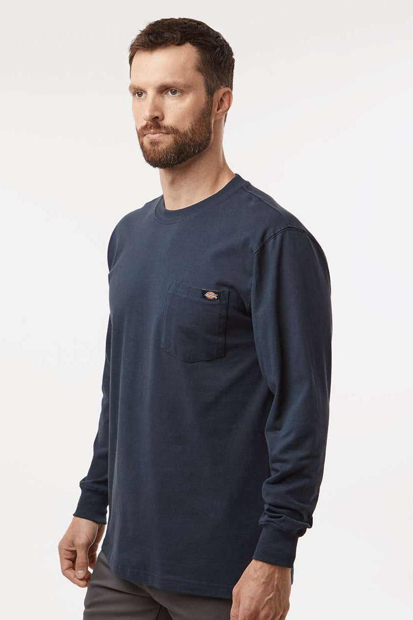 Dickies WL50 Mens Long Sleeve Crewneck T-Shirt w/ Pocket Dark Navy Blue Model Side