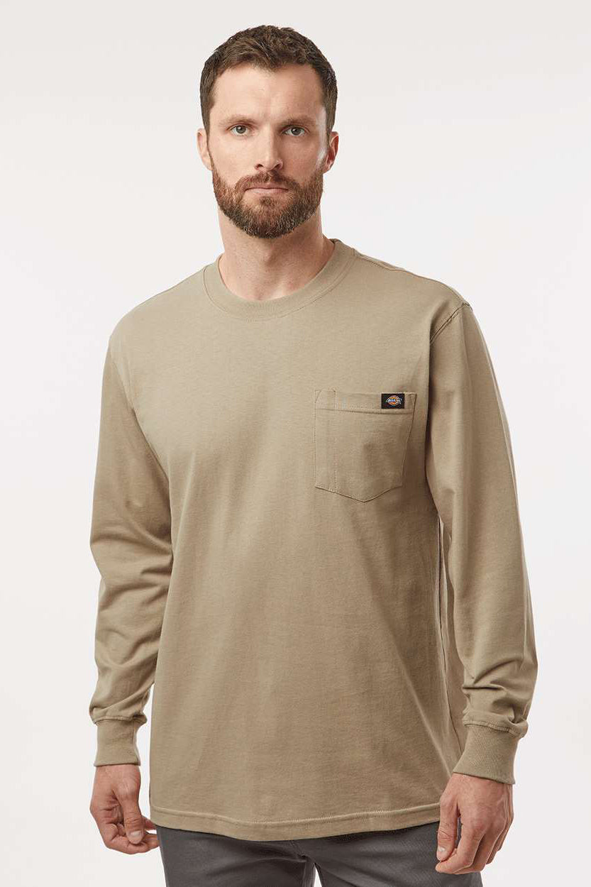Dickies WL50 Mens Long Sleeve Crewneck T-Shirt w/ Pocket Desert Sand Model Front