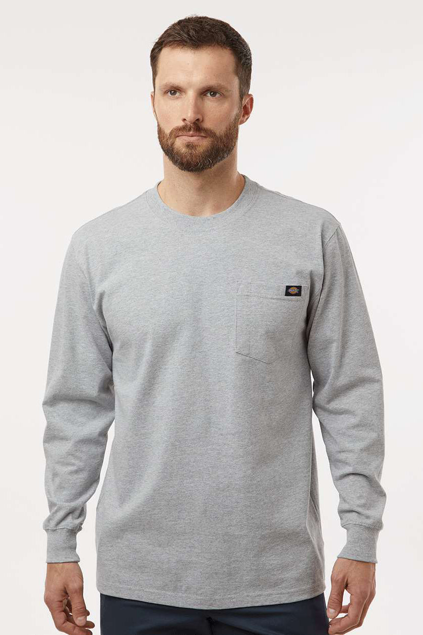 Dickies WL50 Mens Long Sleeve Crewneck T-Shirt w/ Pocket Heather Grey Model Front