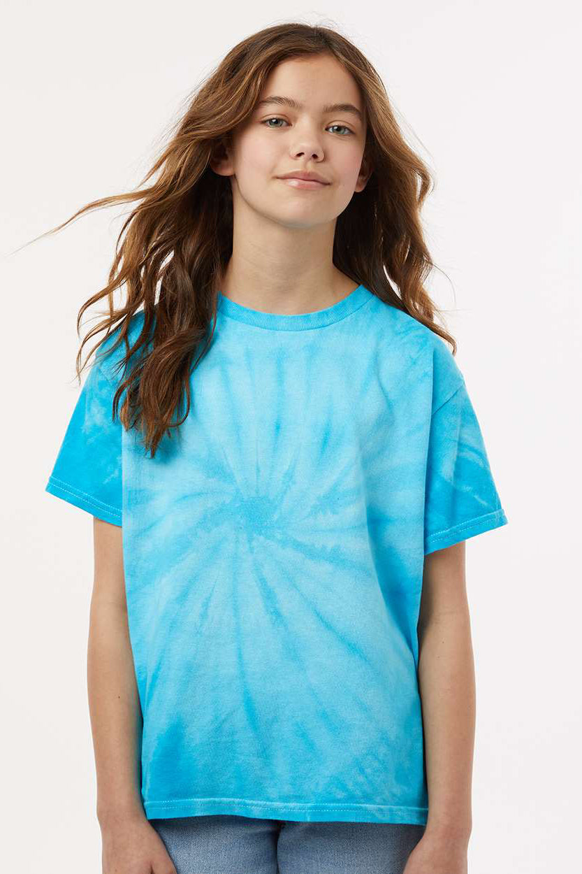 Tie-Dye CD101Y Youth Short Sleeve Crewneck T-Shirt Turquoise Blue Model Front