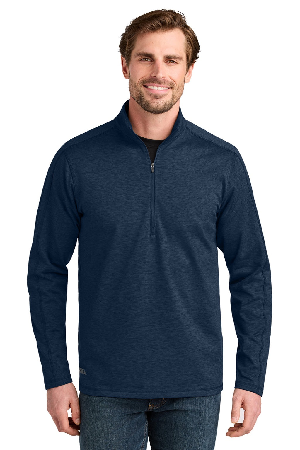 Eddie Bauer EB120 Mens Adventurer 1/4 Zip Sweatshirt Heather River Navy Blue Model Front