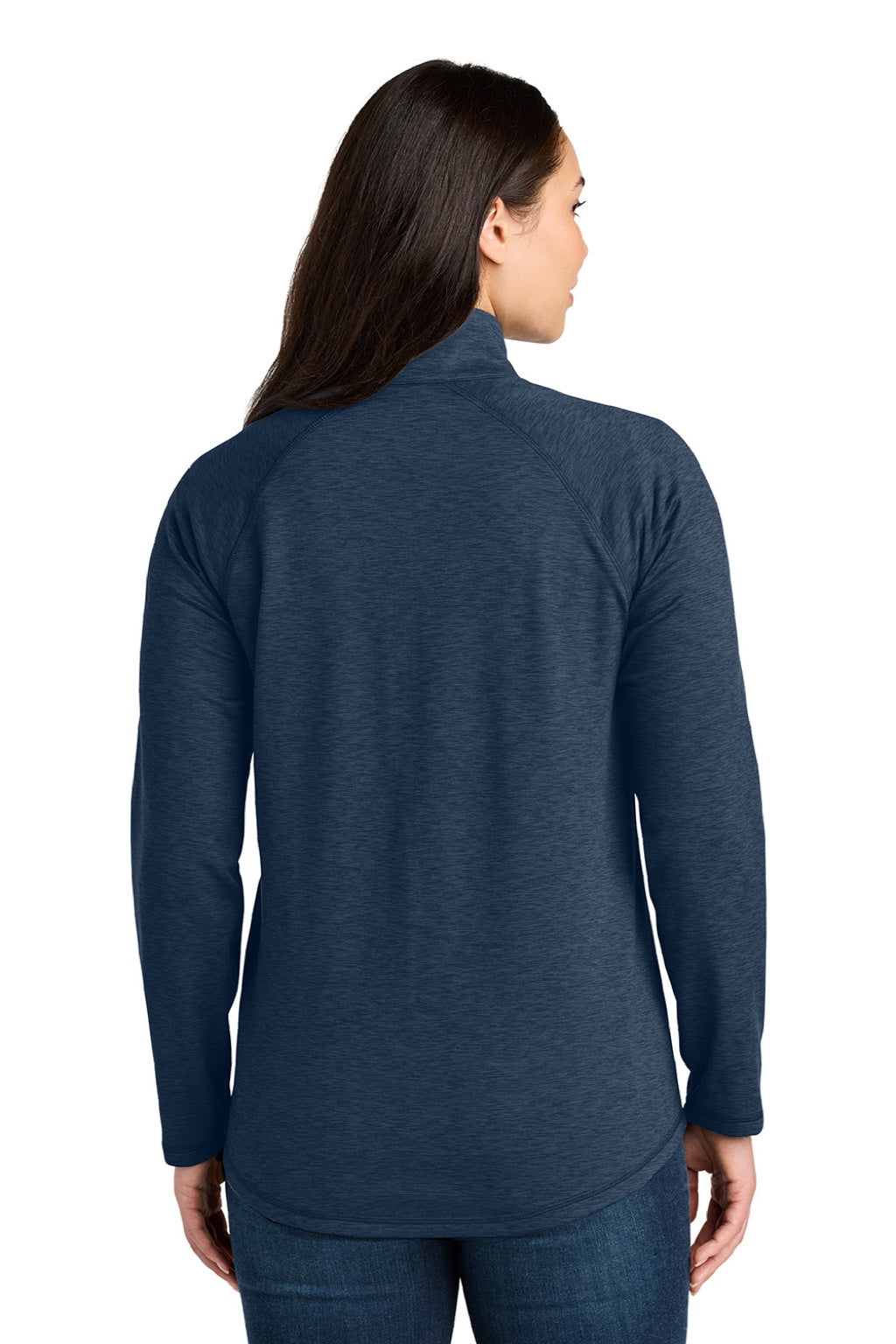 Eddie Bauer EB121 Womens Adventurer Full Zip Sweatshirt Heather River Navy Blue Model Back