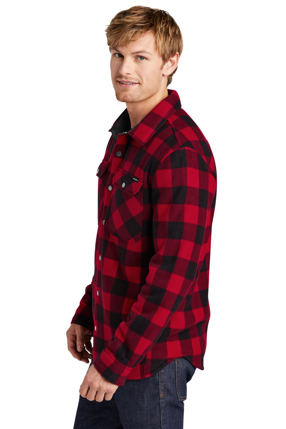 Eddie Bauer EB228 Mens Woodland Snap Front Shirt Jacket w/ Double Pockets Radish Red/Black Model Side
