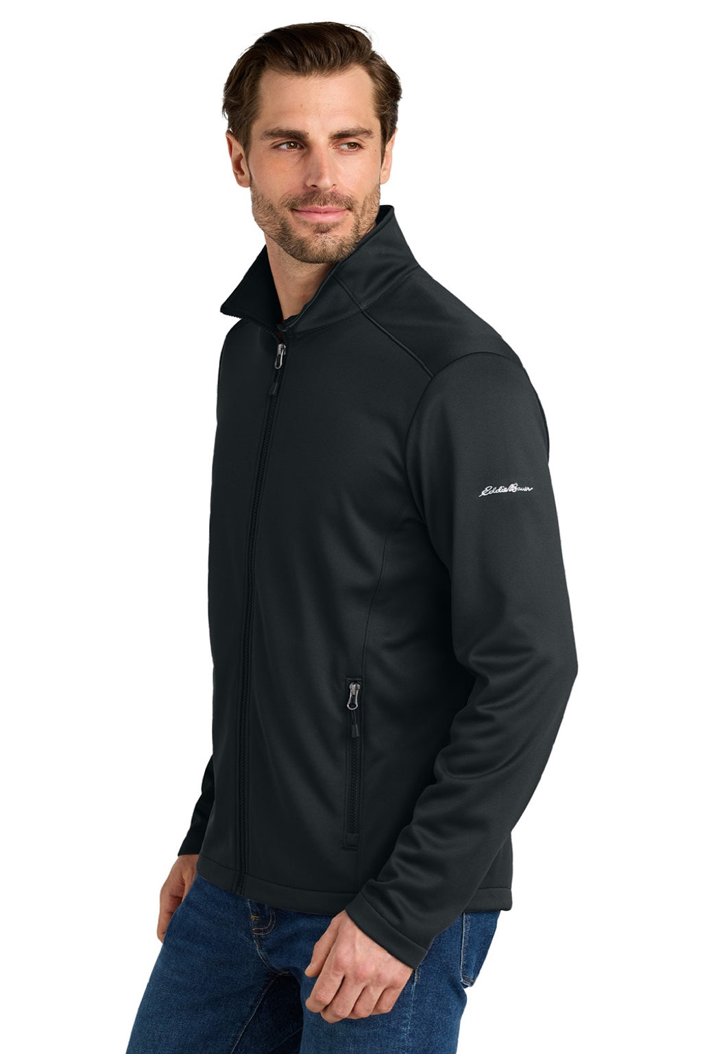 Eddie Bauer EB2460 Mens Smooth Fleece Full Zip Sweatshirt w/ Pockets Black Model Side