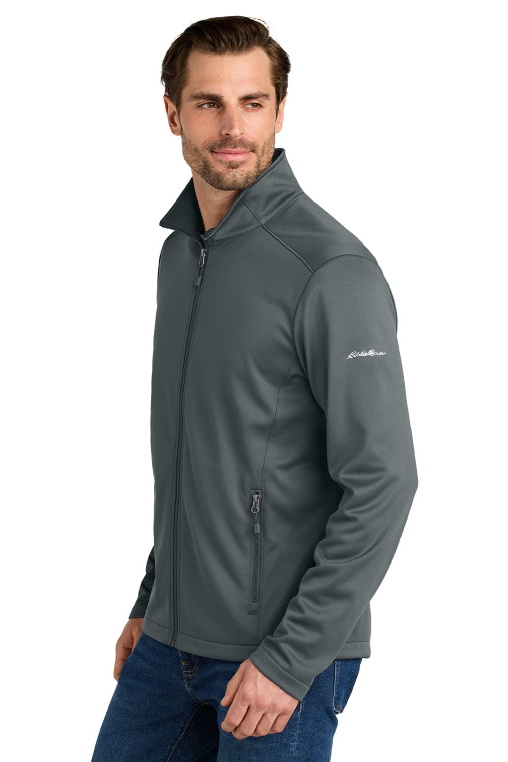 Eddie Bauer EB2460 Mens Smooth Fleece Full Zip Sweatshirt w/ Pockets Iron Gate Grey Model Side