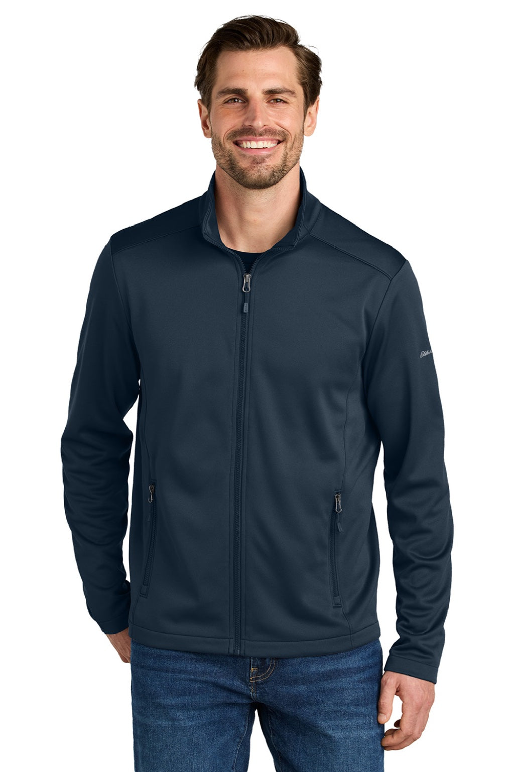 Eddie Bauer EB2460 Mens Smooth Fleece Full Zip Sweatshirt w/ Pockets River Navy Blue Model Front