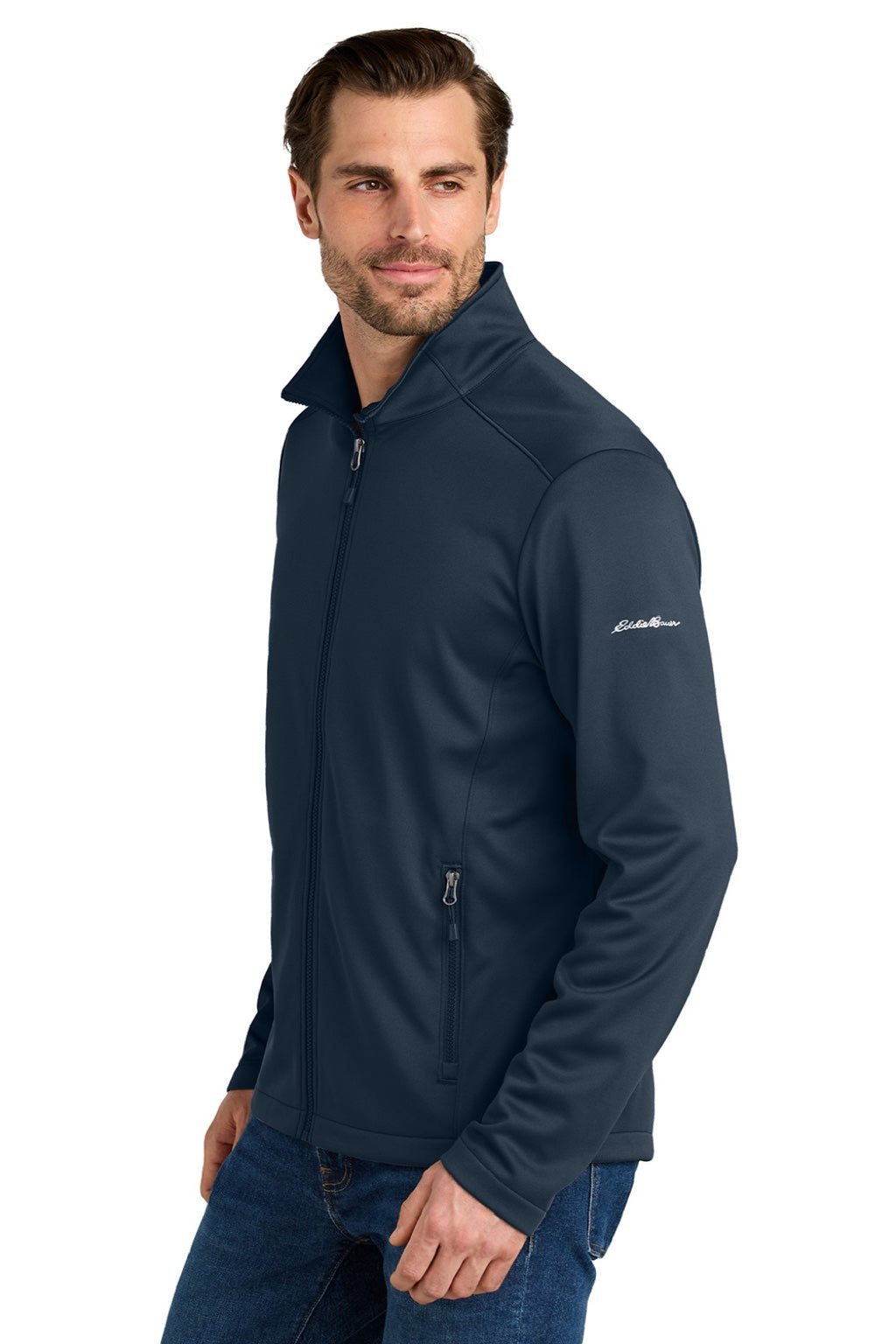 Eddie Bauer EB2460 Mens Smooth Fleece Full Zip Sweatshirt w/ Pockets River Navy Blue Model Side