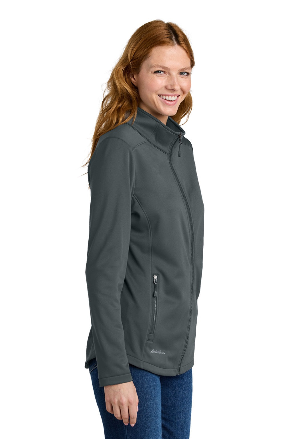 Eddie Bauer EB2470 Womens Smooth Fleece Full Zip Sweatshirt w/ Pockets Iron Gate Grey Model Side