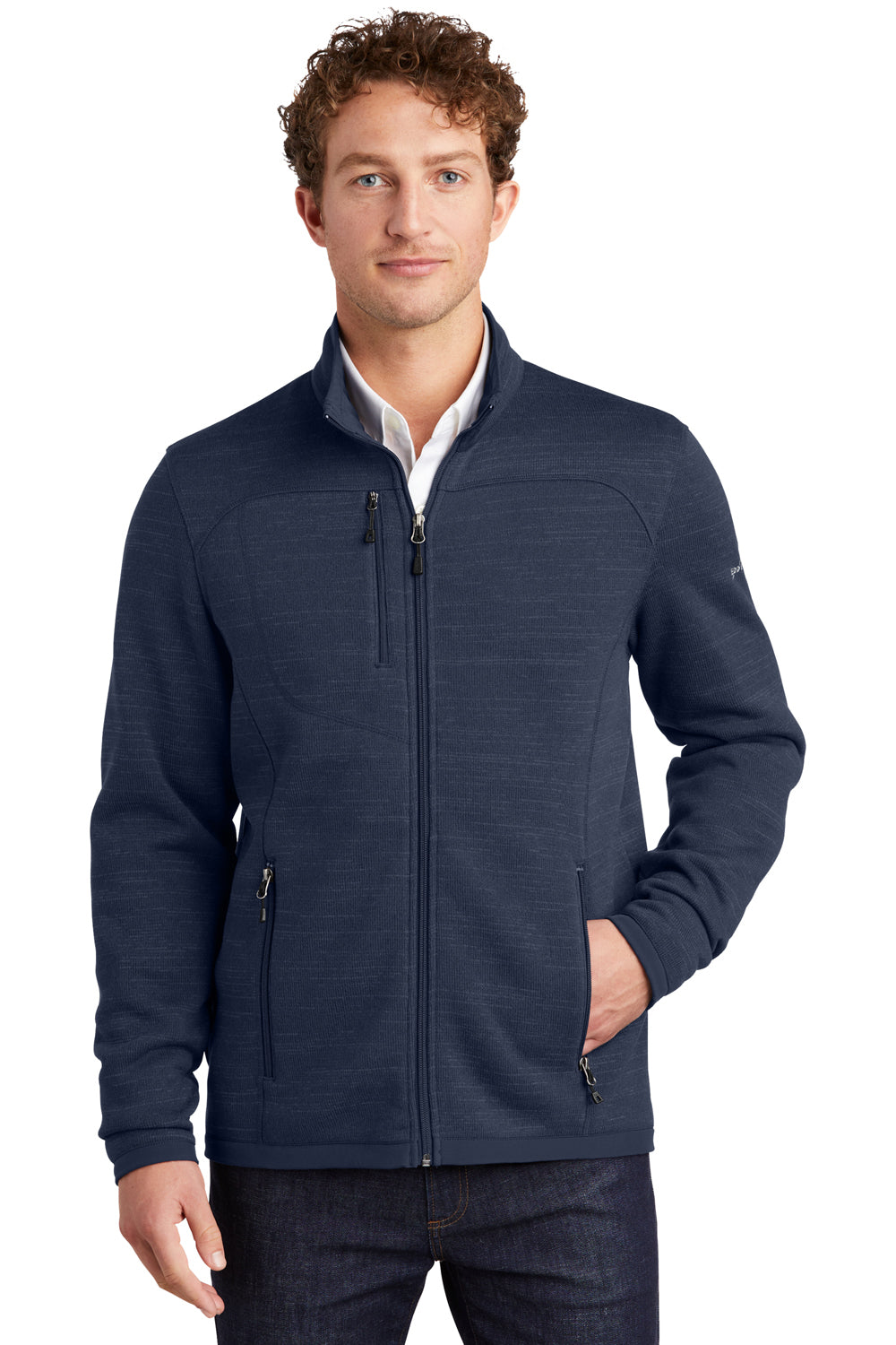 Eddie Bauer EB250 Mens Pill Resistant Fleece Full Zip Jacket Heather River Navy Blue Model Front