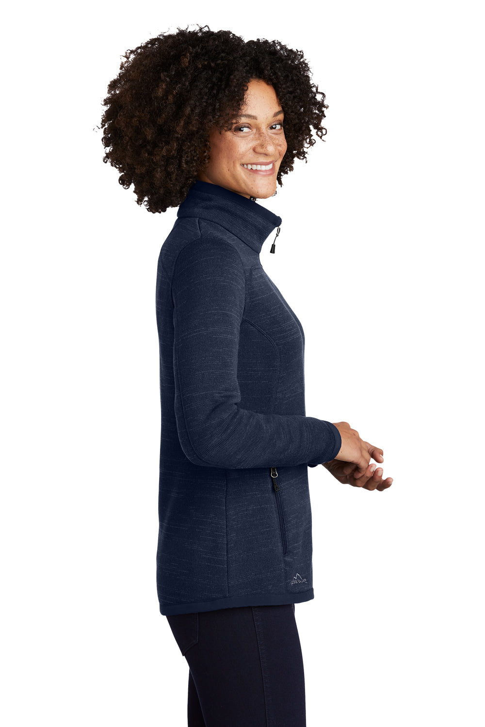Eddie Bauer EB251 Womens Pill Resistant Fleece Full Zip Jacket Heather River Navy Blue Model Side