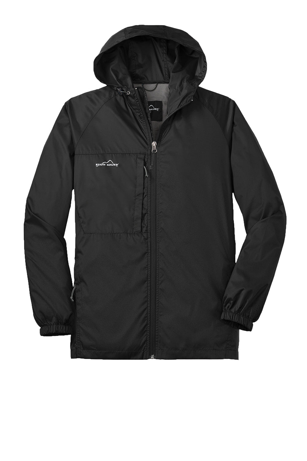 Eddie Bauer EB500 Mens Packable Wind Resistant Full Zip Hooded Jacket Black Flat Front