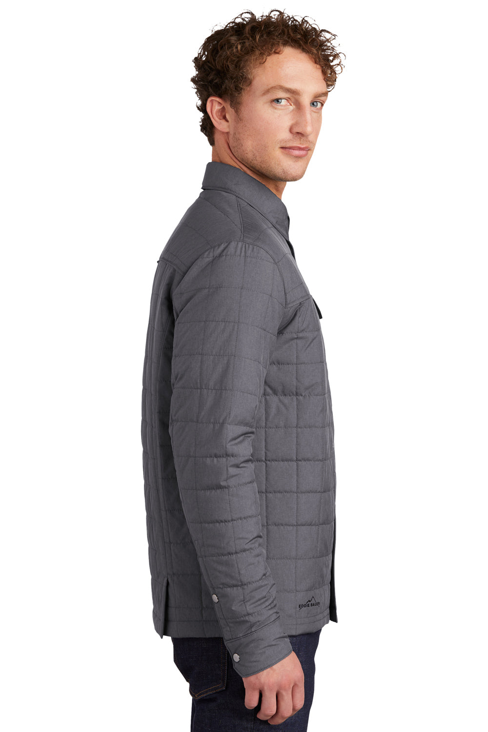 Eddie Bauer EB502 Mens Water Resistant Button Down Shirt Jacket Heather Charcoal Grey Model Side