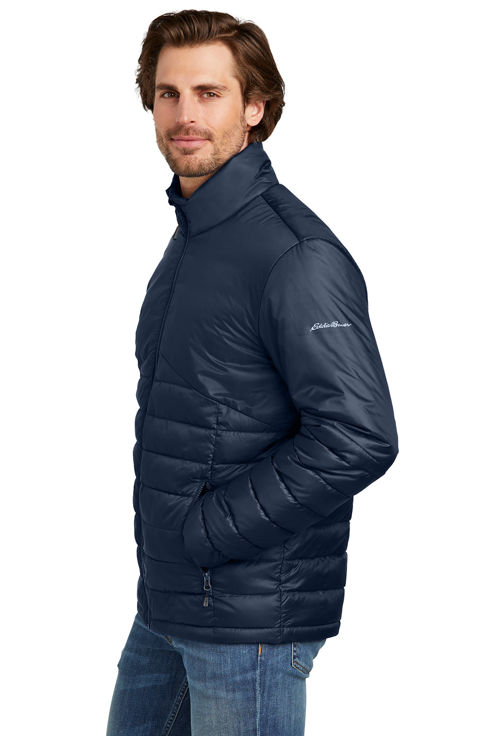 Eddie Bauer EB510 Mens Water Resistant Quilted Full Zip Jacket River Navy Blue Model Side