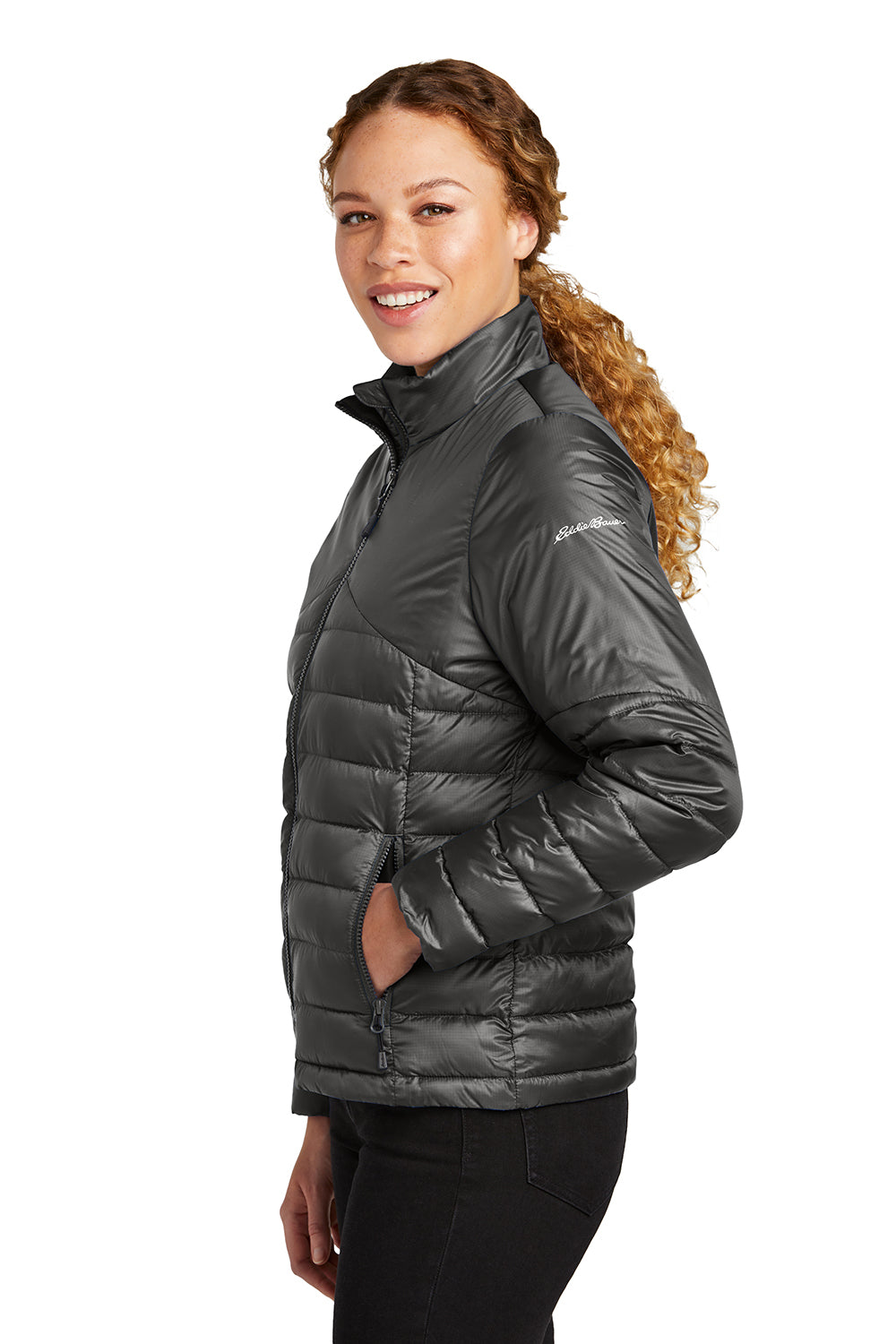 Eddie Bauer EB511 Womens Water Resistant Quilted Full Zip Jacket Iron Gate Grey Model Side