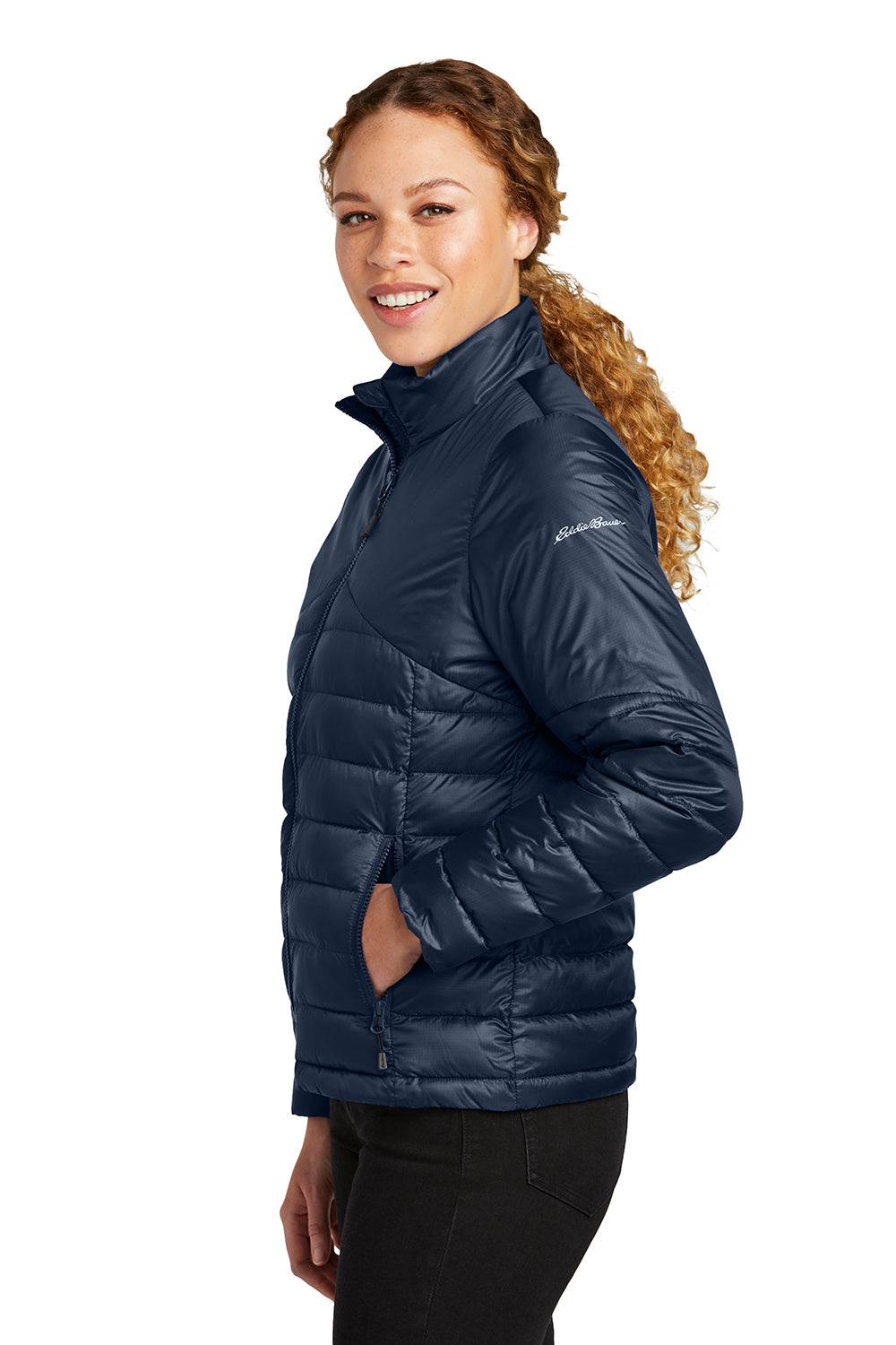 Eddie Bauer EB511 Womens Water Resistant Quilted Full Zip Jacket River Navy Blue Model Side
