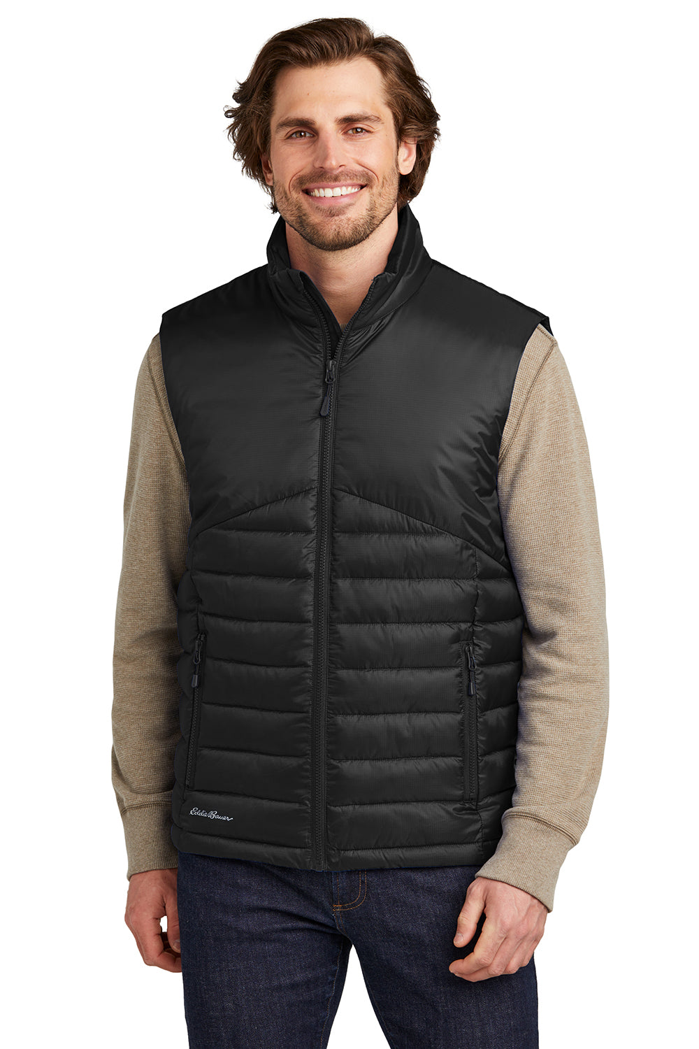 Eddie Bauer EB512 Mens Water Resistant Quilted Full Zip Vest Deep Black Model Front