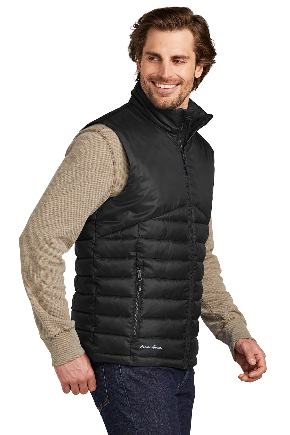 Eddie Bauer EB512 Mens Water Resistant Quilted Full Zip Vest Deep Black Model Side