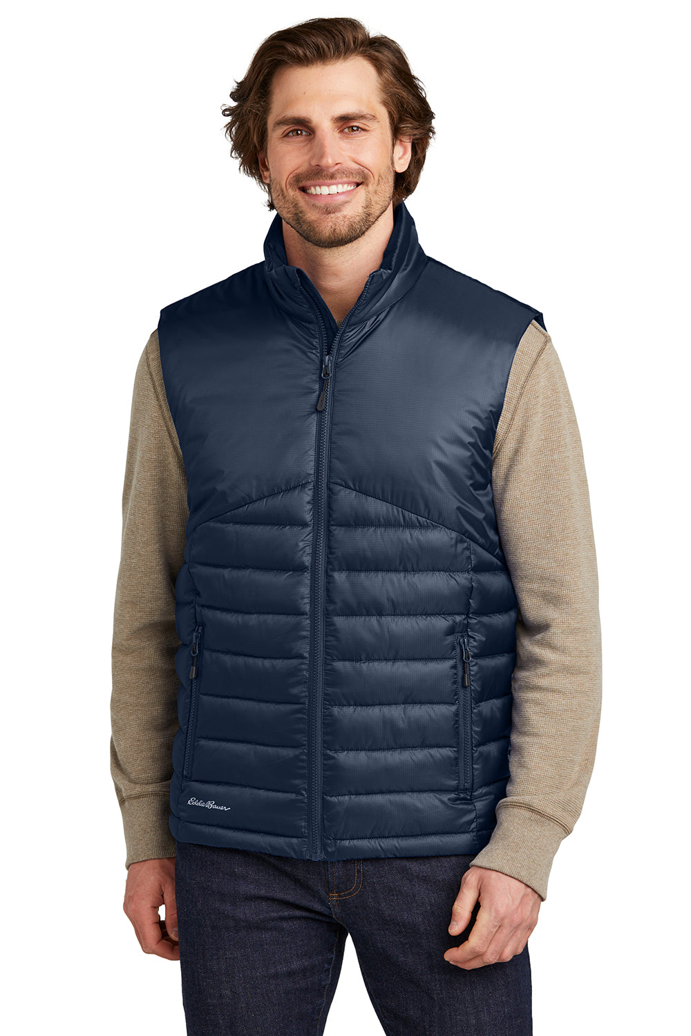 Eddie Bauer EB512 Mens Water Resistant Quilted Full Zip Vest River Navy Blue Model Front