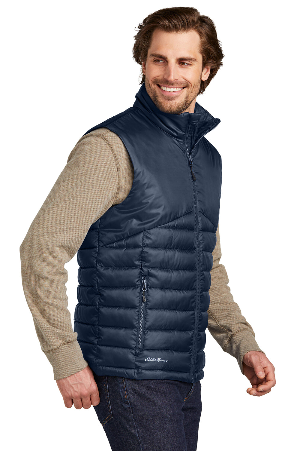 Eddie Bauer EB512 Mens Water Resistant Quilted Full Zip Vest River Navy Blue Model Side