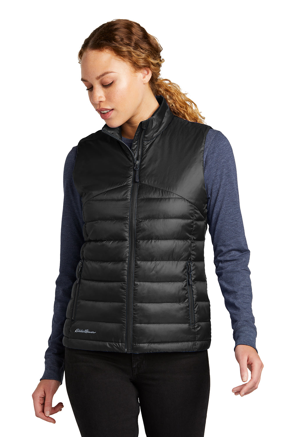 Eddie Bauer EB513 Womens Water Resistant Quilted Full Zip Vest Deep Black Model Front