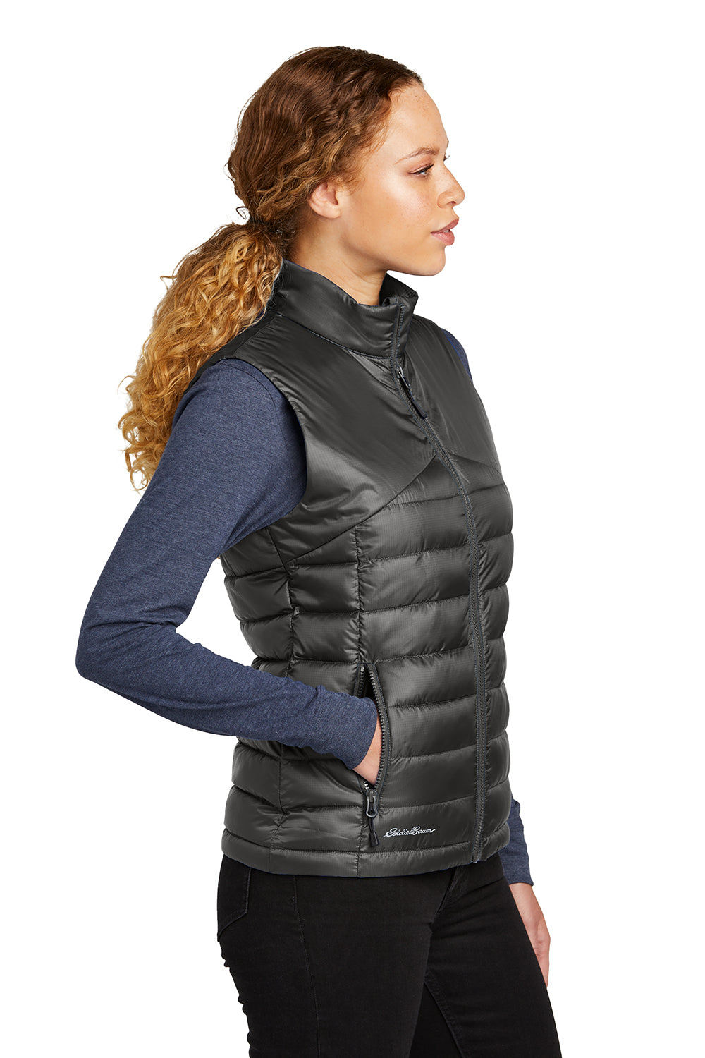 Eddie Bauer EB513 Womens Water Resistant Quilted Full Zip Vest Iron Gate Grey Model Side
