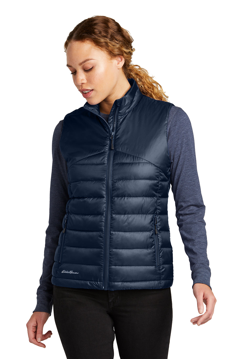 Eddie Bauer EB513 Womens Water Resistant Quilted Full Zip Vest River Navy Blue Model Front