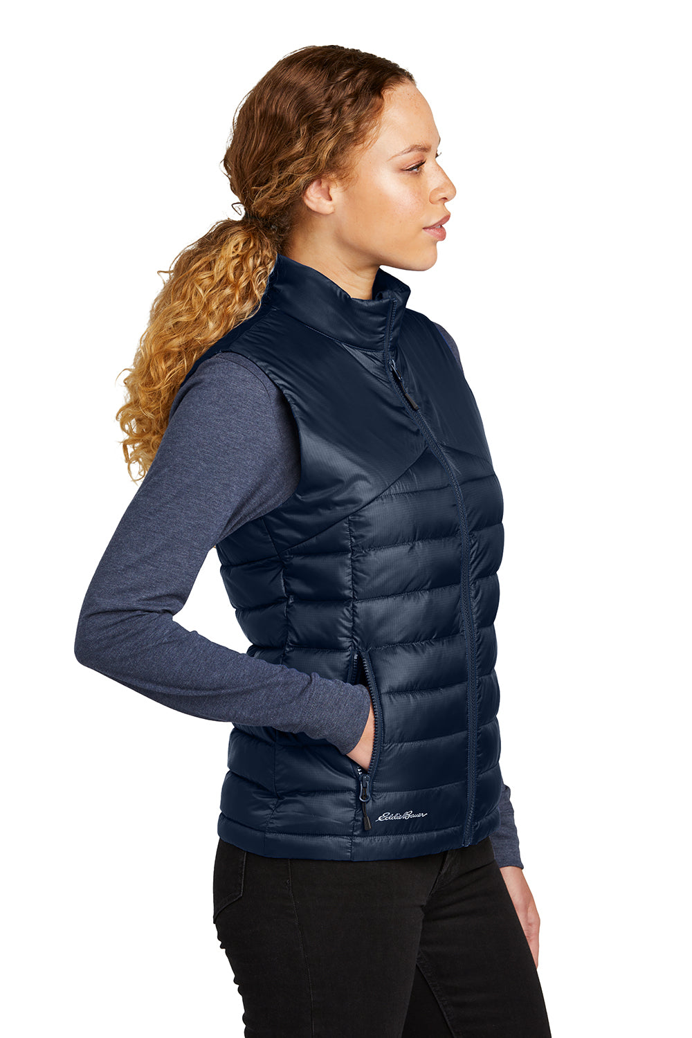 Eddie Bauer EB513 Womens Water Resistant Quilted Full Zip Vest River Navy Blue Model Side