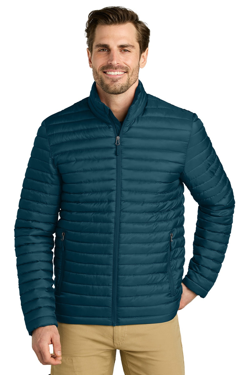 Eddie Bauer EB514 Mens Packable Quilted Water Resistant Full Zip Jacket Adriatic Blue Model Front