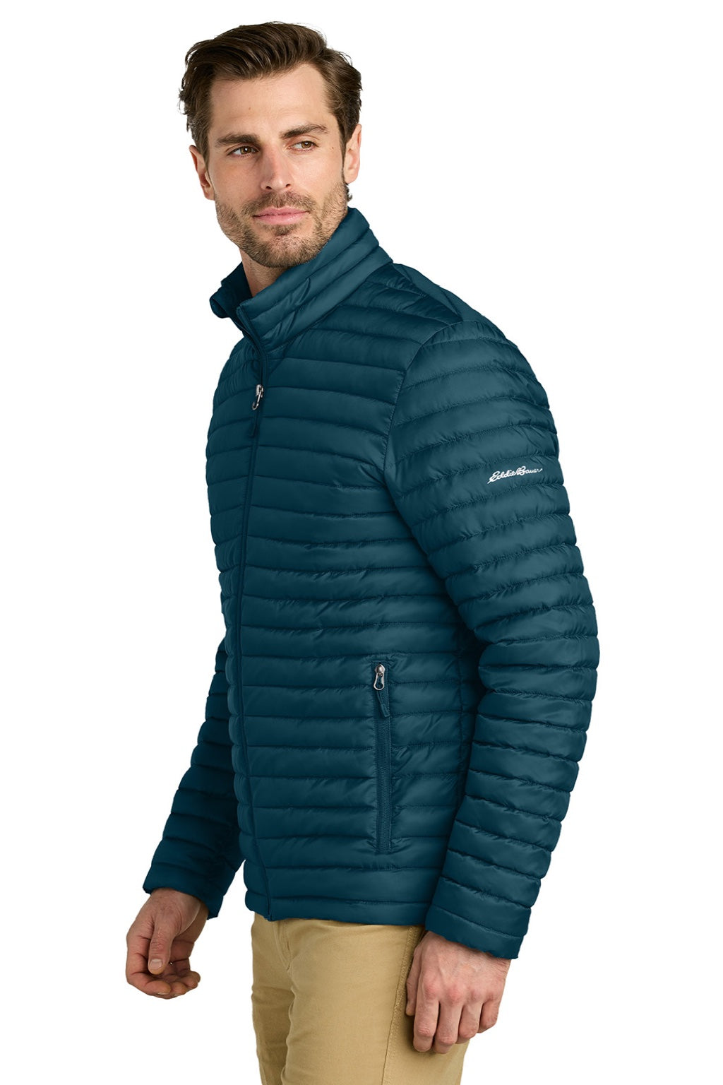 Eddie Bauer EB514 Mens Packable Quilted Water Resistant Full Zip Jacket Adriatic Blue Model Side