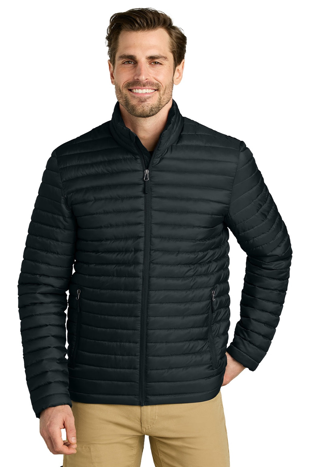 Eddie Bauer EB514 Mens Packable Quilted Water Resistant Full Zip Jacket Black Model Front