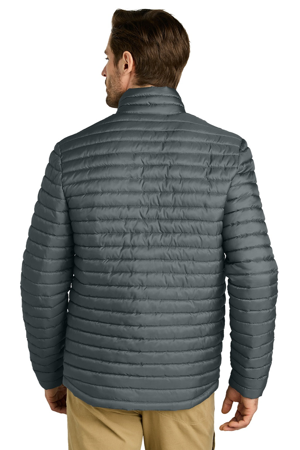 Eddie Bauer EB514 Mens Packable Quilted Water Resistant Full Zip Jacket Metal Grey Model Back